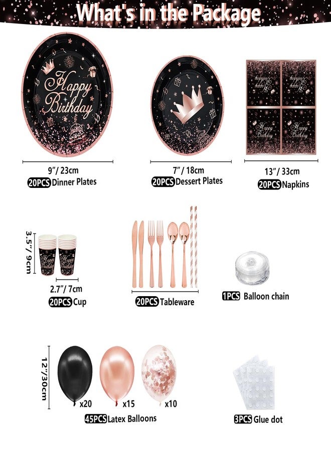 Inspireyee 211 PCS Black and Rose Gold Party Decoration Rose Gold & Black Party Supplies Birthday Dinnerware Set-Plates, Backdrop, Balloon, Tablecloth Serves 20 - Image 2