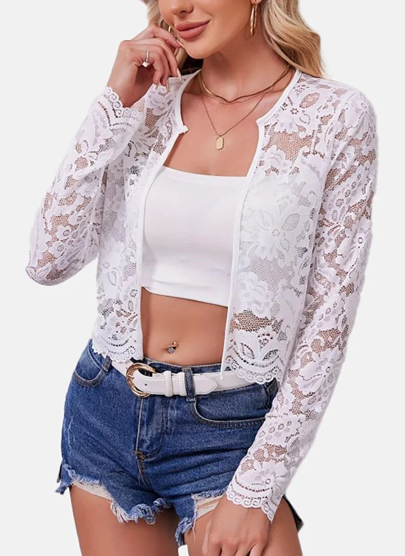 يونيكي White Textured Slim Fit Open front Jacket