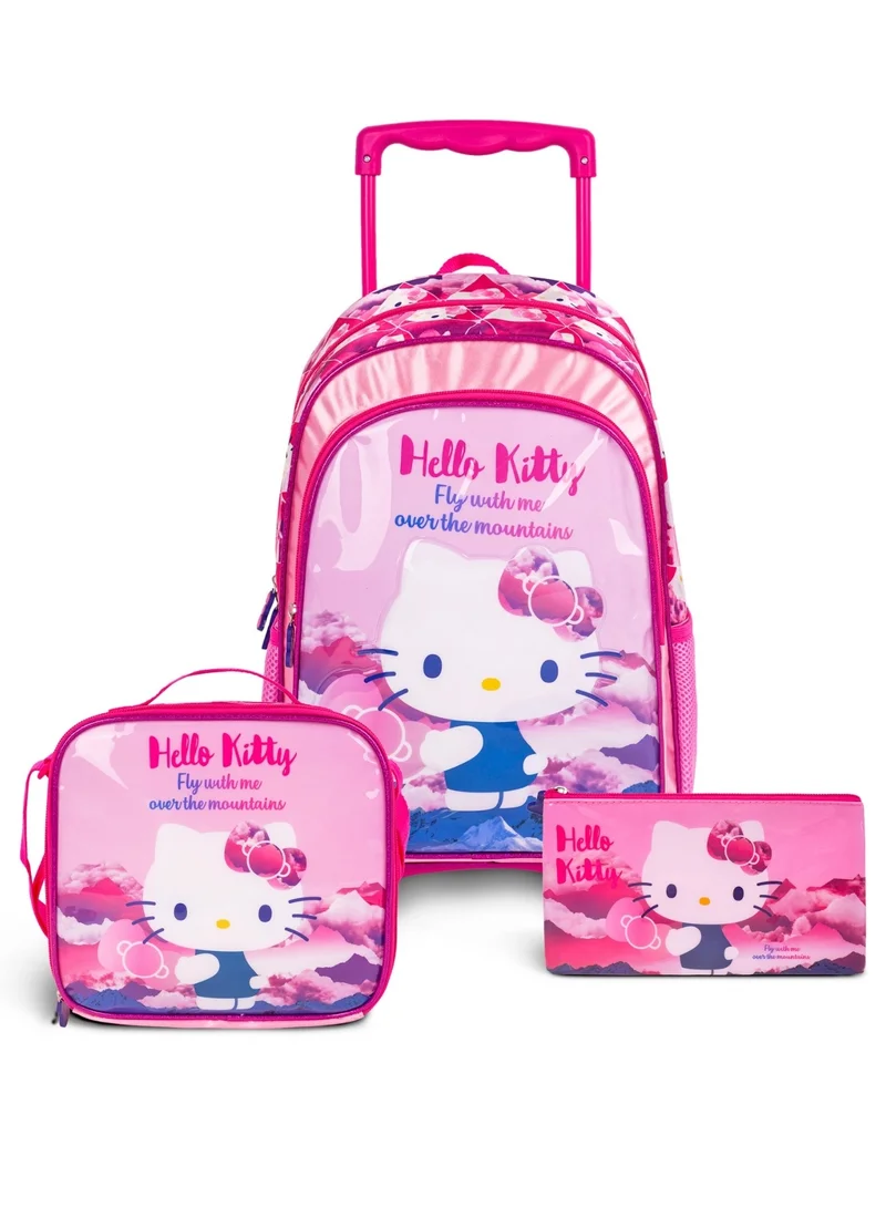 Sanrio Hello Kitty  18 Inch Kids 3-in-1 Trolley School Bag Set - Ergonomic Backpack, Insulated Lunch Bag & Pencil Case,Lightweight, Durable, Students 6+ - Perfect for Travel & School,For Girls