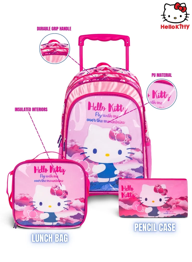 Sanrio Hello Kitty  18 Inch Kids 3-in-1 Trolley School Bag Set - Ergonomic Backpack, Insulated Lunch Bag & Pencil Case,Lightweight, Durable, Students 6+ - Perfect for Travel & School,For Girls