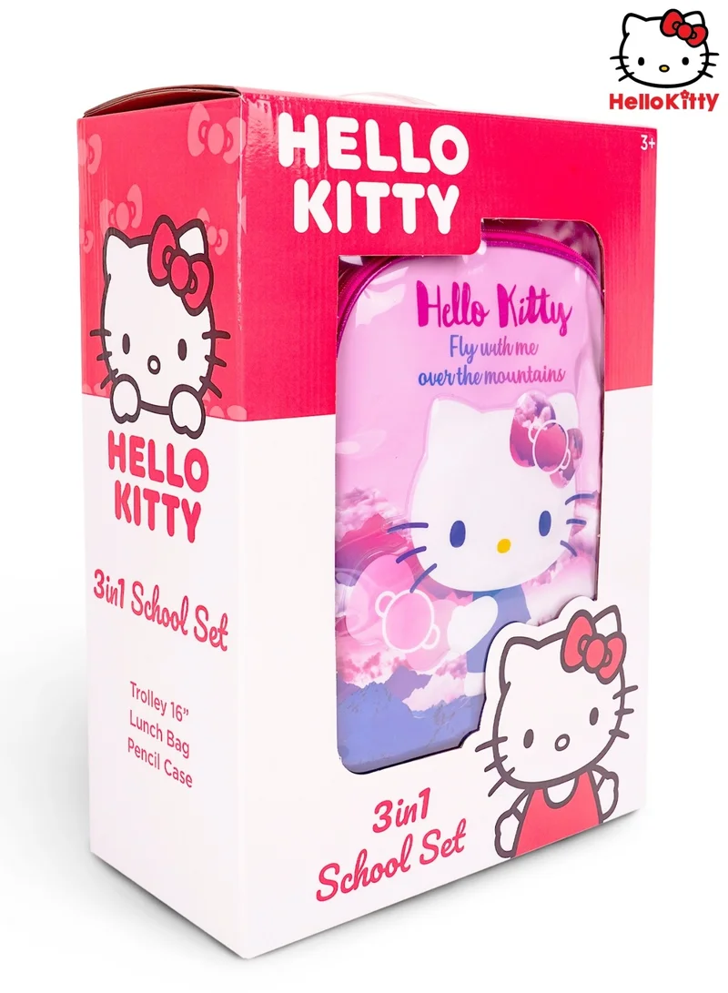 Sanrio Hello Kitty  18 Inch Kids 3-in-1 Trolley School Bag Set - Ergonomic Backpack, Insulated Lunch Bag & Pencil Case,Lightweight, Durable, Students 6+ - Perfect for Travel & School,For Girls