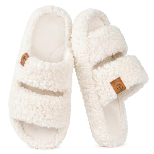 EverFoams Womens Fuzzy Open-toe Slippers Soft Comfy Memory Foam Indoor House Shoes Vanilla Ice,9-10 US - Image 1