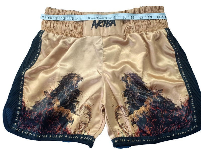 AKIBA Muay Thai Classic Boxing Shorts for Men and Women (Gold, M)| MMA BJJ Kick Boxing Grappling Training Shorts | Satin Polyester Relaxed Fit Above Knee | Low Rise Sports Fighting Wear - Image 5
