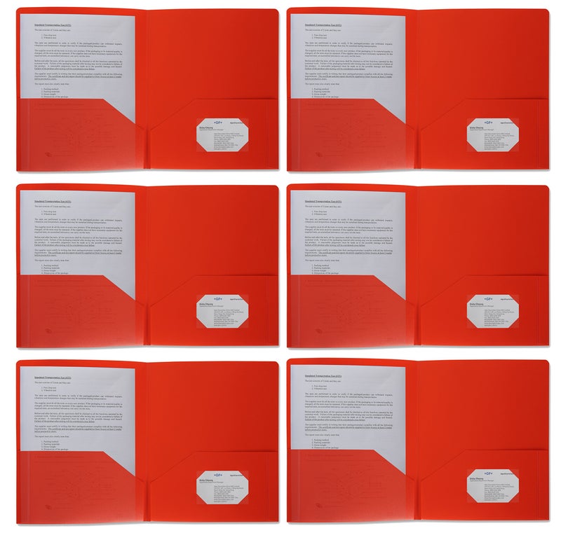 Klingy Plastic Pocket Folders, Heavy Duty Durable Poly, 2 Pocket Folder, with Business Card Slot - 11" x 8 1/2" Sheet Size - 6-Pack (Red) - Image 1