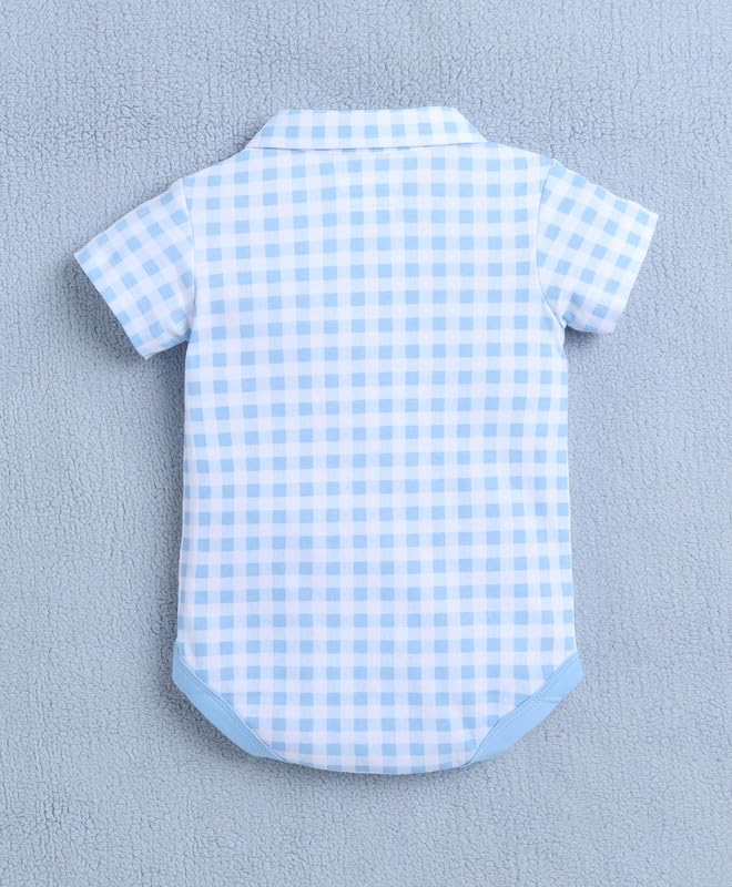 BUMZEE Baby Boys Cotton Bodysuit & Short Set With Bow Suspender & Cap Blue & White - 0-3 Months - Image 3