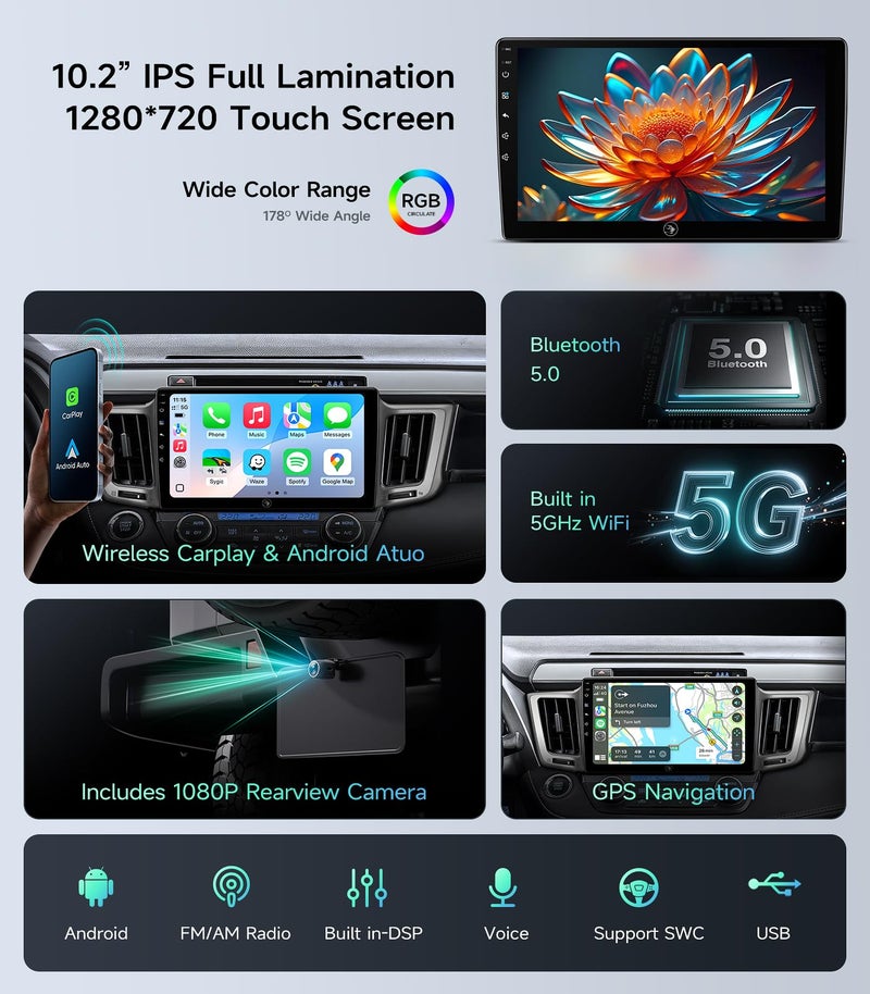 AINAVIGO 10.2" Car Radio Stereo for Toyota RAV4 2013-2018 - Wireless CarPlay & Android Auto | IPS HD 5G WiFi Touchscreen | GPS Navigation | Bluetooth FM with SWC | HD Backup Camera - Image 3