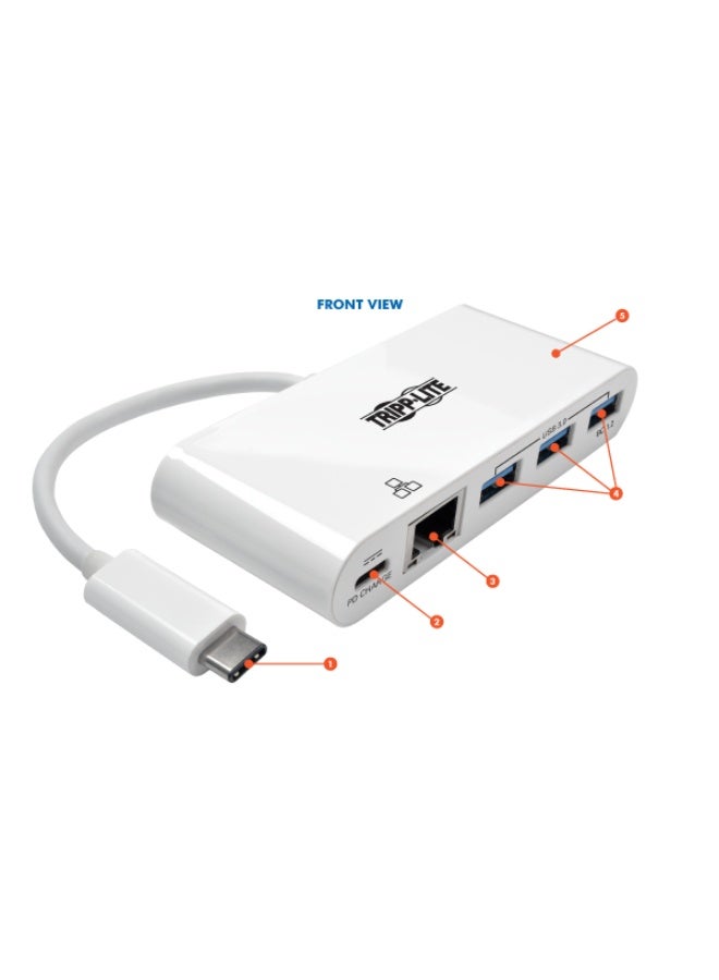 تريب لايت محور USB‑C بثلاثة منافذ - منافذ Hub USB 3.x (5Gbps)، شبكة جيجابت، شحن PD بقدرة 60W، لون أبيض (U460‑003‑3AG‑C) - Image 2