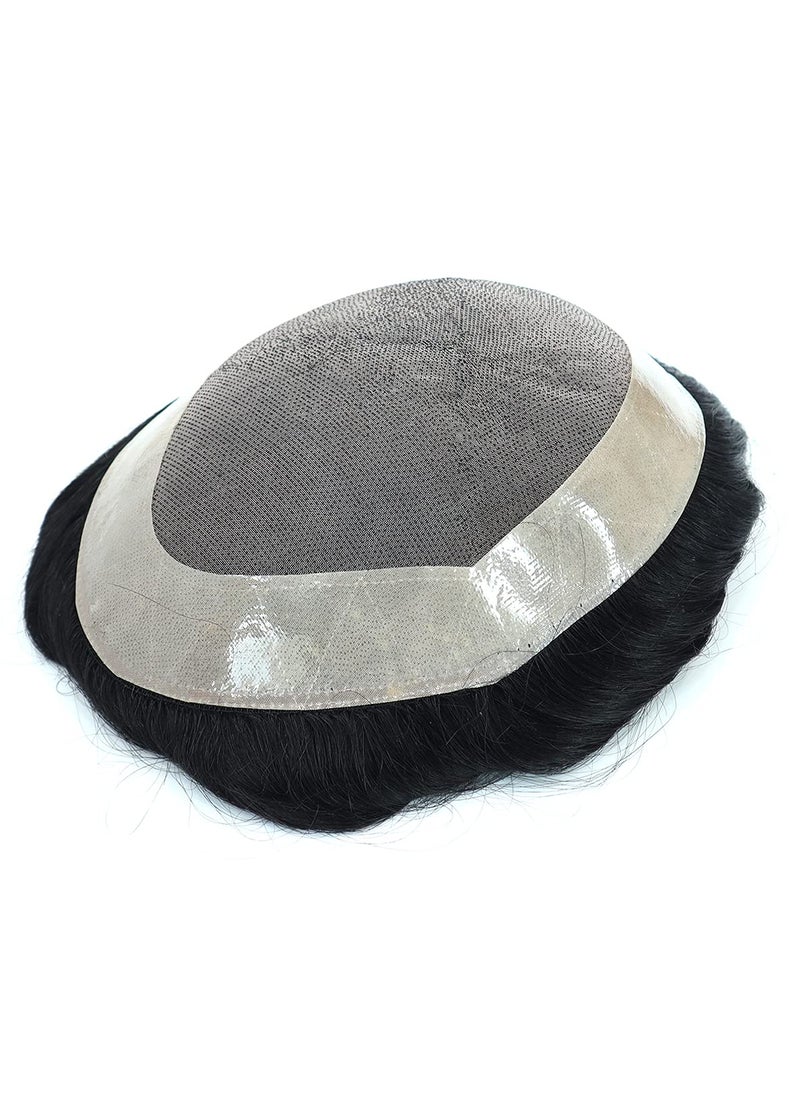 Hywel Hywel Men Toupee with Real Soft Human Hair Mono Top with Poly Coating Around Cap Toupee for Men Straight Hair Pieces Replacement Stock Men System Off Black 1B Size 5  7 Inch 