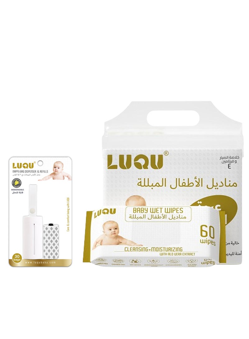 LuQu Disposable Bags,2 Refill Rolls/30 Bags with Dispenser,Aloe Vera & Vitamin E,4x60,Water Wet Wipes - Image 1