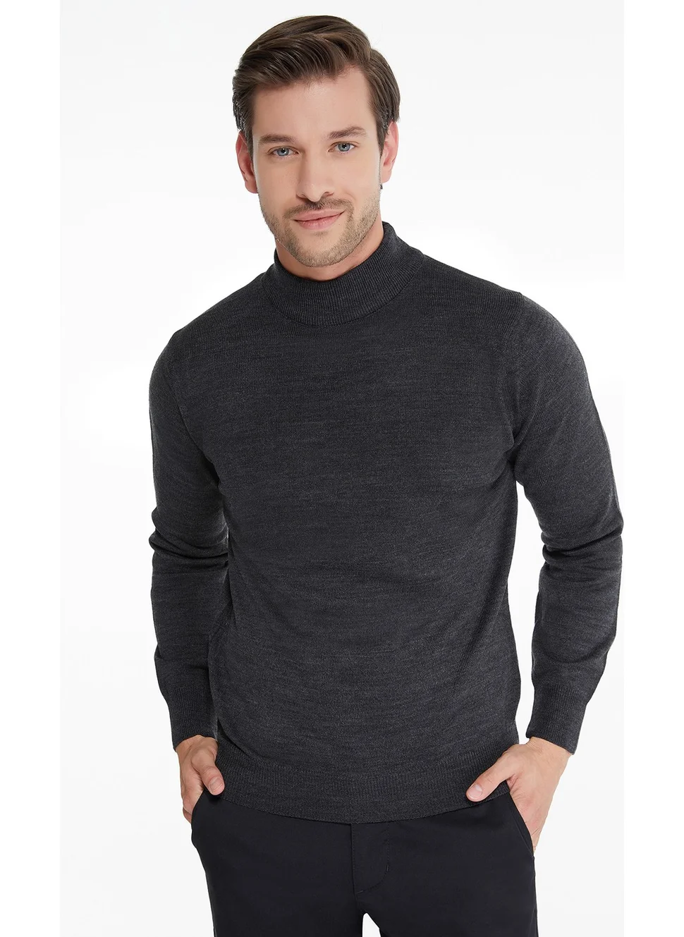 Hatemoğlu Men's Anthracite Regular Fit Half Turtleneck Knit Sweater