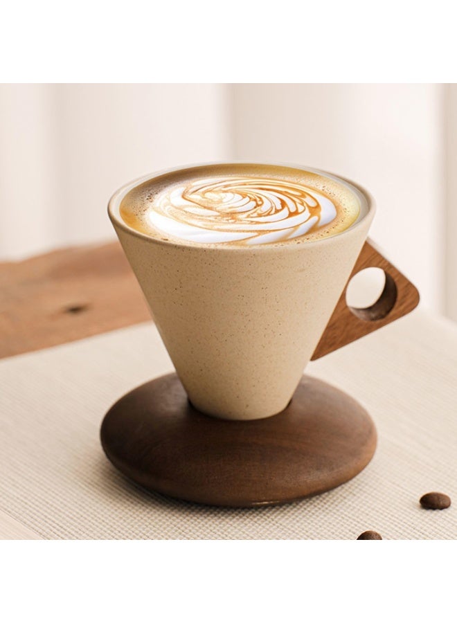 HOMESTAR Retro ceramic coffee mug, Creative Cone coffee cup set for women elegant small- Solid wood handle and coaster - Suitable for home, restaurant, party and office - Image 1