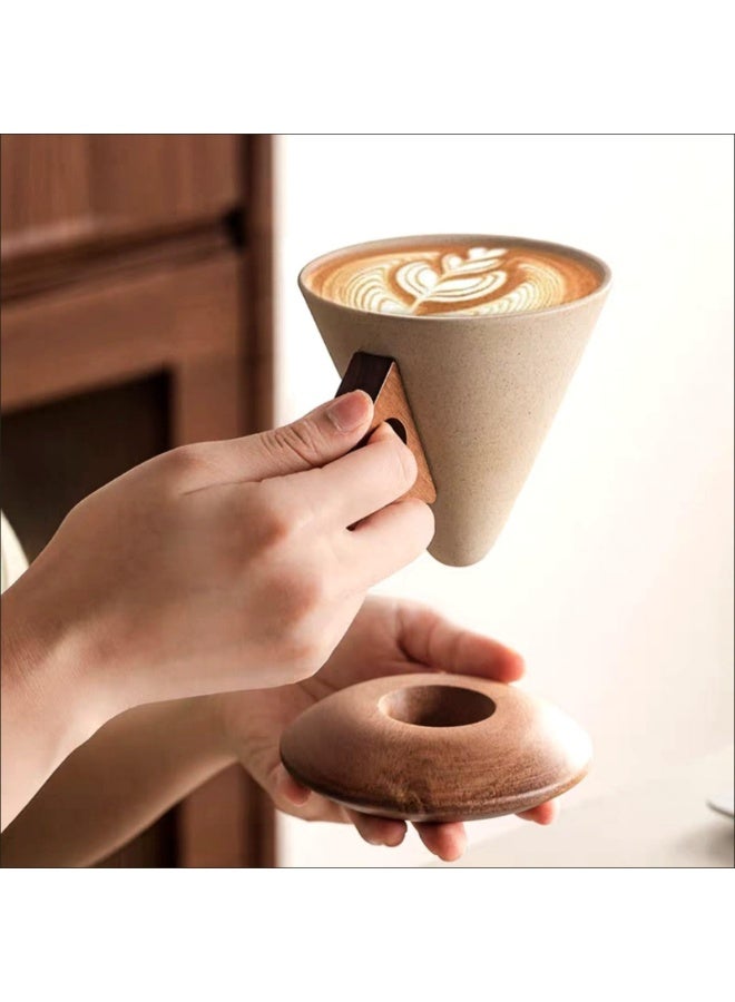 HOMESTAR Retro ceramic coffee mug, Creative Cone coffee cup set for women elegant small- Solid wood handle and coaster - Suitable for home, restaurant, party and office - Image 3