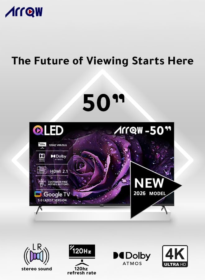ARRQW 50 بوصة، تلفزيون QLED 4K من جوجل (5.0)، 120 هرتز DLG، ذاكرة وصول عشوائي 2 جيجابايت، تخزين 16 جيجابايت، دولبي فيجن وأتموس، دقة 3840 * 2160 مع تطبيقات مثبتة مسبقًا (نيتفليكس، برايم فيديو، يوتيوب) - RO-50LCQ120 - Image 1