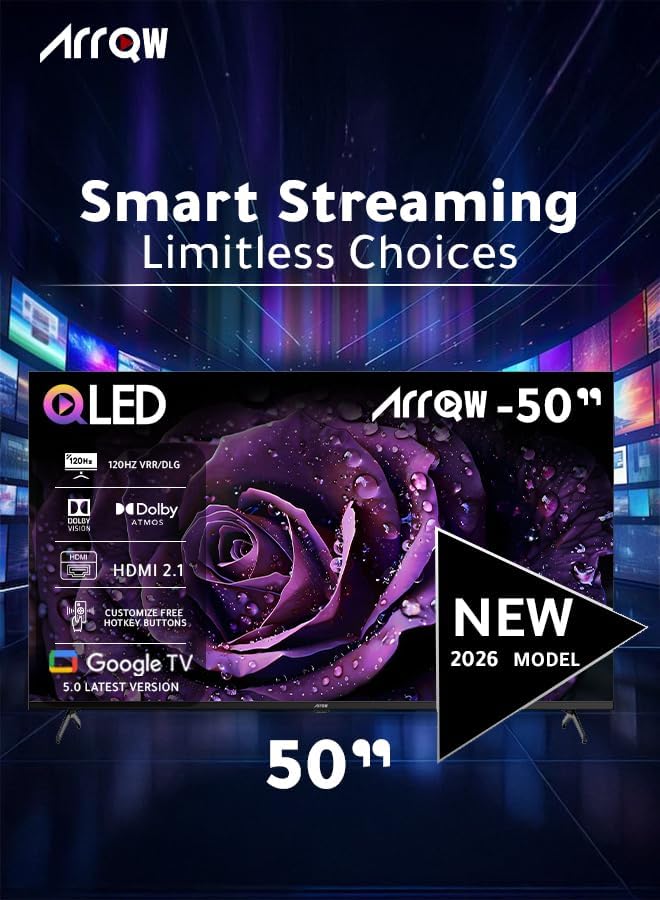 ARRQW 50 بوصة، تلفزيون QLED 4K من جوجل (5.0)، 120 هرتز DLG، ذاكرة وصول عشوائي 2 جيجابايت، تخزين 16 جيجابايت، دولبي فيجن وأتموس، دقة 3840 * 2160 مع تطبيقات مثبتة مسبقًا (نيتفليكس، برايم فيديو، يوتيوب) - RO-50LCQ120 - Image 2