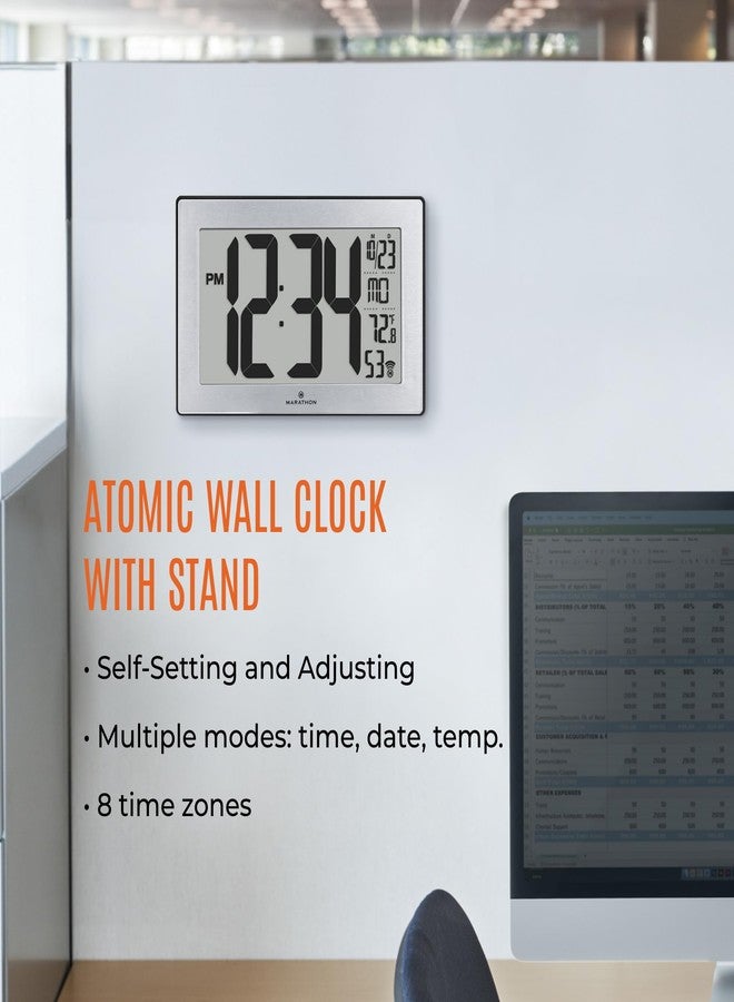 MARATHON Atomic Wall Clock with Stand, Black Frame/Stainless Steel Finish - Large, 9-Inch Display - AM/PM or 24-Hour Time Format, Eight Time Zones & Indoor Temperature - Two AA Batteries Included - Image 2