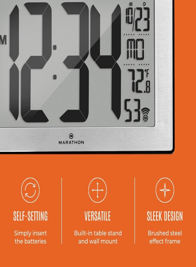 MARATHON Atomic Wall Clock with Stand, Black Frame/Stainless Steel Finish - Large, 9-Inch Display - AM/PM or 24-Hour Time Format, Eight Time Zones & Indoor Temperature - Two AA Batteries Included - Image 3