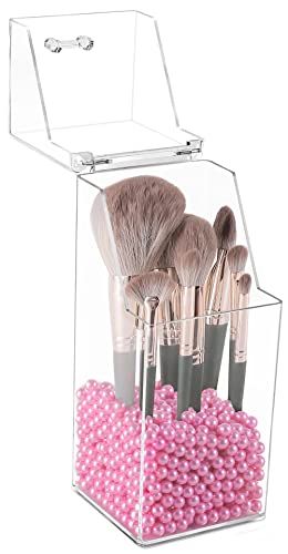 Sooyee Makeup Brush Holder,Makeup Brush Organizer with 8mm Pink Pearls,Dustproof Makeup Brush holder with Lid - Image 1