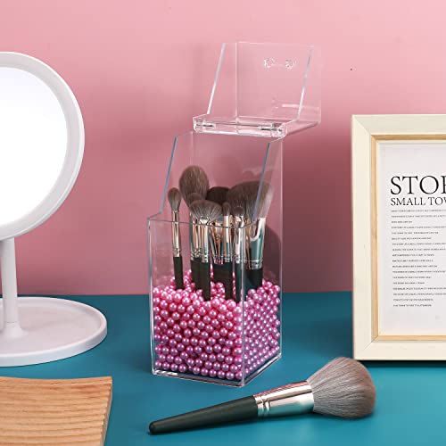Sooyee Makeup Brush Holder,Makeup Brush Organizer with 8mm Pink Pearls,Dustproof Makeup Brush holder with Lid - Image 3