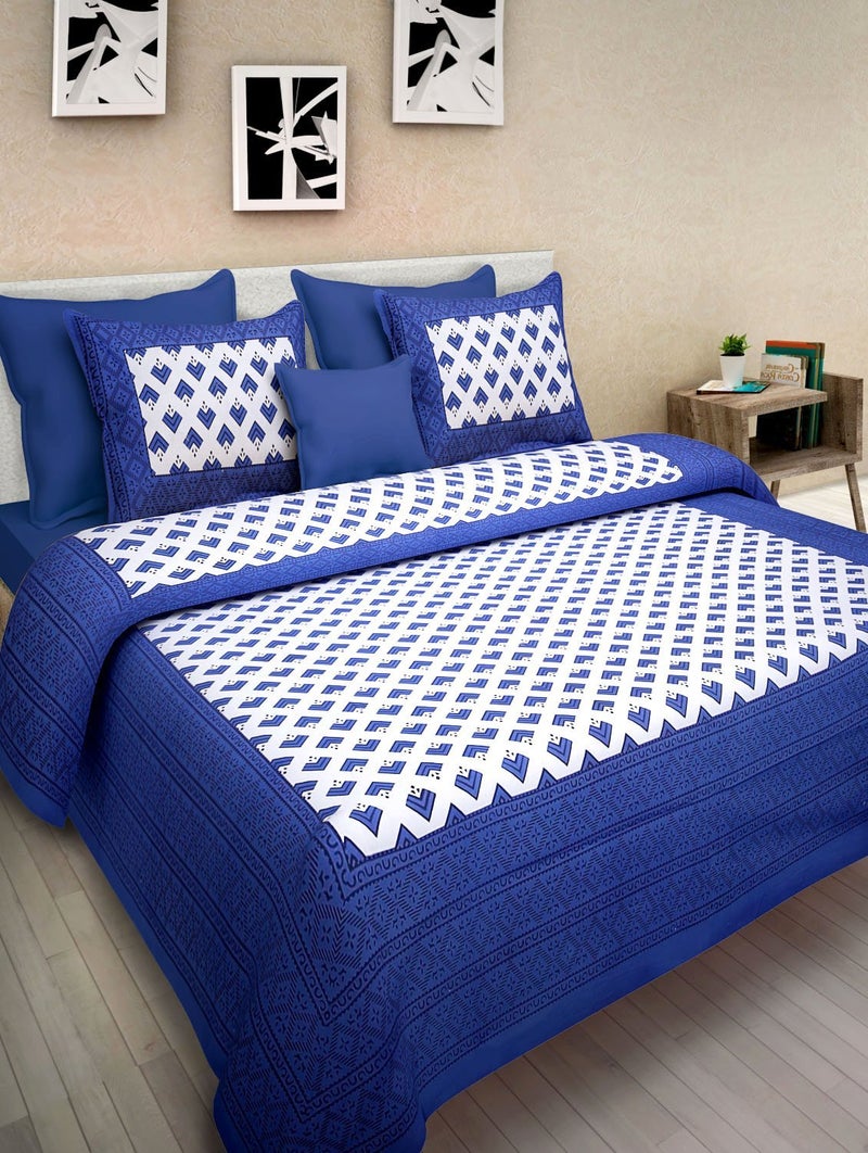 EarlyMart 144 TC 100 Cotton Rajasthani Jaipuri Traditional 1 Double Bedsheet with 2 Pillow Covers Blue - Image 1