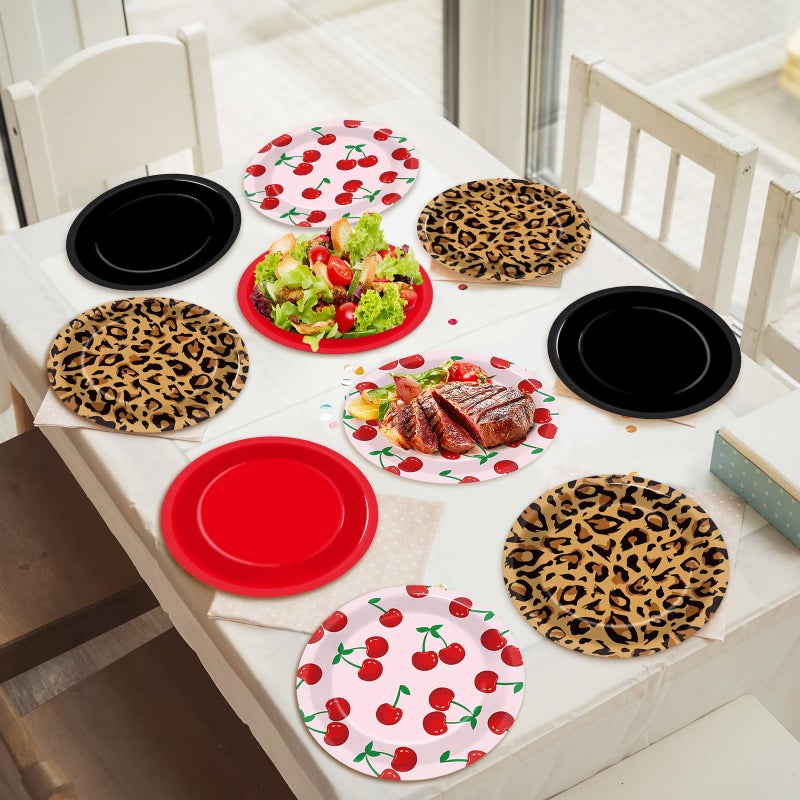 Oitnlaughter 48Pcs Leopard Print Party Paper Plates 7â€Red and Black Cherry Birthday Party Supplie Leopard Cherry Theme Disposable Dessert Dinner Plate Tableware for Girls Women Wedding Coquette Party Decoration - Image 4