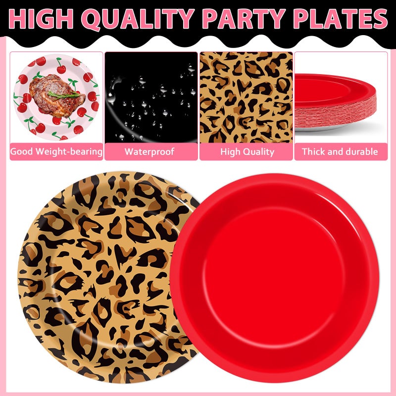 Oitnlaughter 48Pcs Leopard Print Party Paper Plates 7â€Red and Black Cherry Birthday Party Supplie Leopard Cherry Theme Disposable Dessert Dinner Plate Tableware for Girls Women Wedding Coquette Party Decoration - Image 3