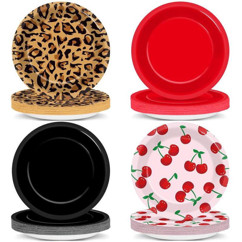 Oitnlaughter 48Pcs Leopard Print Party Paper Plates 7â€Red and Black Cherry Birthday Party Supplie Leopard Cherry Theme Disposable Dessert Dinner Plate Tableware for Girls Women Wedding Coquette Party Decoration - Image 1