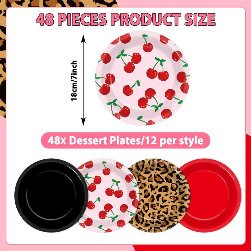Oitnlaughter 48Pcs Leopard Print Party Paper Plates 7â€Red and Black Cherry Birthday Party Supplie Leopard Cherry Theme Disposable Dessert Dinner Plate Tableware for Girls Women Wedding Coquette Party Decoration - Image 2