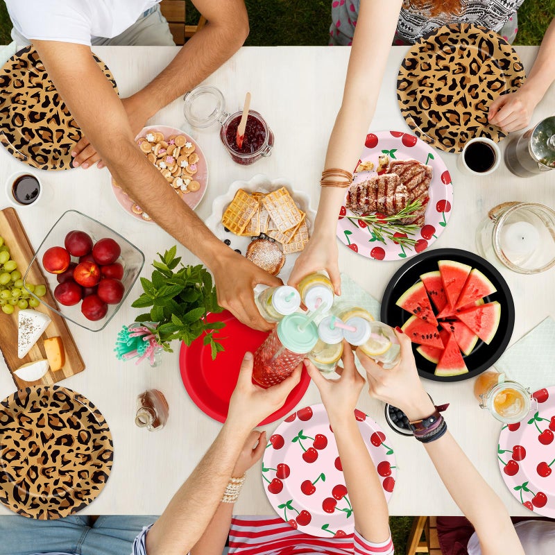 Oitnlaughter 48Pcs Leopard Print Party Paper Plates 7â€Red and Black Cherry Birthday Party Supplie Leopard Cherry Theme Disposable Dessert Dinner Plate Tableware for Girls Women Wedding Coquette Party Decoration - Image 5