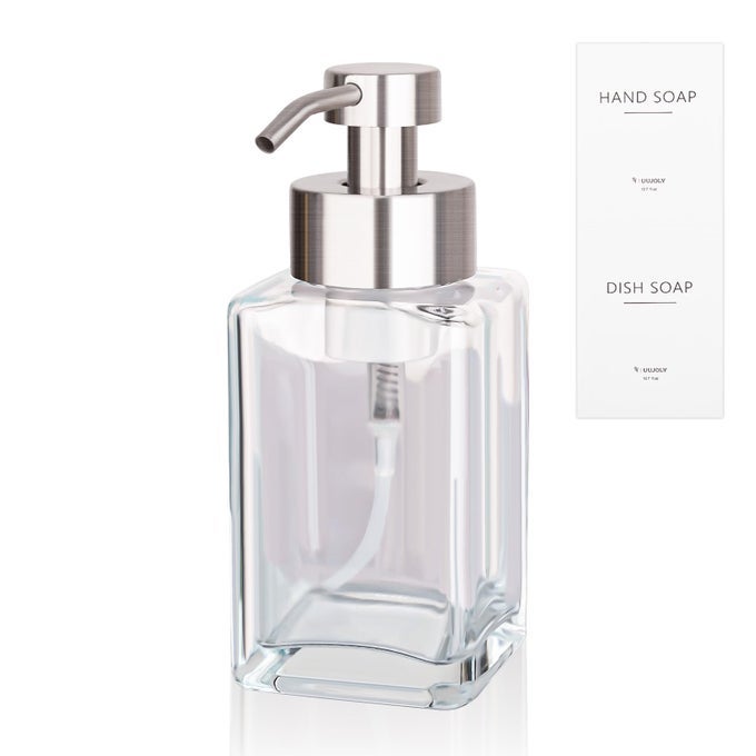 FOAMING SOAP DISPENSER WITH STAINLESS STEEL PUMP 12OZ REFILLABLE GLASS LIQUID DISH SOAP BOTTLES FOR BATHROOM KITCHEN SINK HOME DECOR