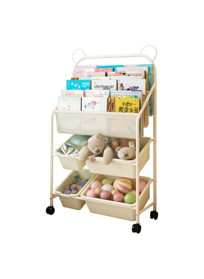 Solerconm 5-Tier Kids Toy Organizer with Bookshelf, 4 Removable Storage Bins with Wheels, Bear Ear Design, Beige Toy Storage Rack for Kids Room, Package Dimensions 43x30x19cm - Image 1