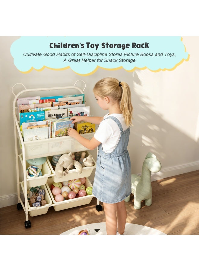 Solerconm 5-Tier Kids Toy Organizer with Bookshelf, 4 Removable Storage Bins with Wheels, Bear Ear Design, Beige Toy Storage Rack for Kids Room, Package Dimensions 43x30x19cm - Image 2
