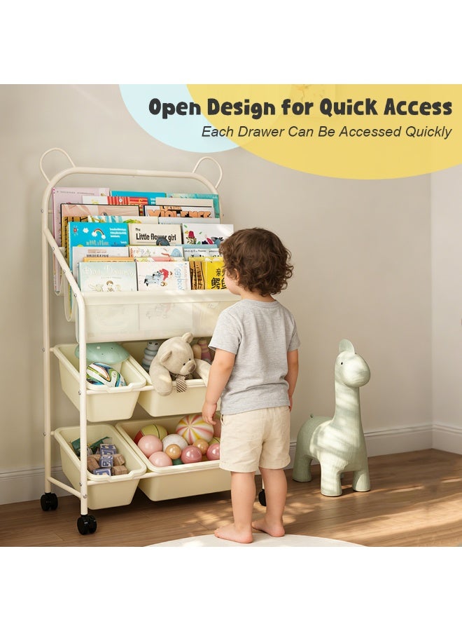 Solerconm 5-Tier Kids Toy Organizer with Bookshelf, 4 Removable Storage Bins with Wheels, Bear Ear Design, Beige Toy Storage Rack for Kids Room, Package Dimensions 43x30x19cm - Image 4