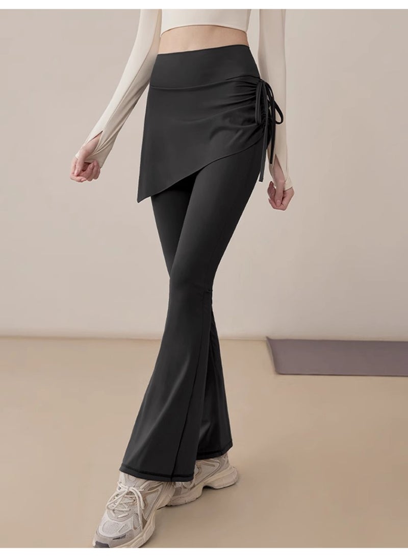 Meilun Black Fake Two - Piece Flared Skirt Pants with Side Tie Detail - Image 1
