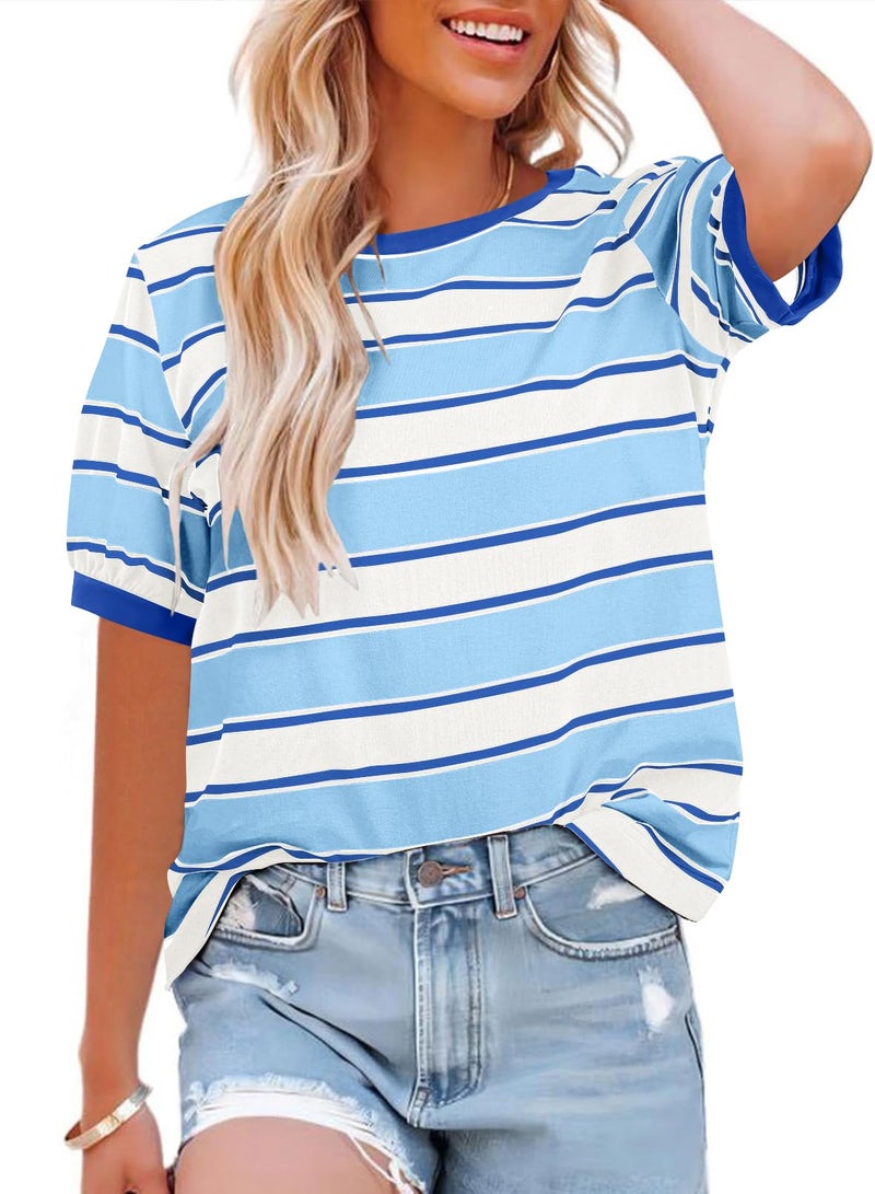 Lafural Womens Tops Cotton Casual Color Block Striped Short Sleeve Shirts Crewneck T Shirts Loose Basic Tee Blouses Light Blue M - Image 1