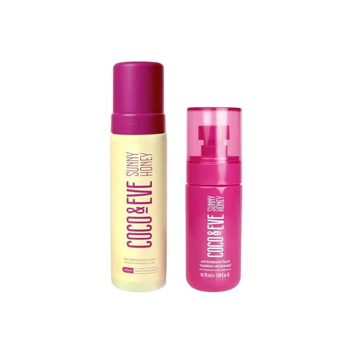 Coco & Eve Iconic Tan Set - Sunny Honey Self Tanner Foam & Face Tanning Micromist Bundle, Fast Drying, Sunless Tanning Mousse, Ultra Fine Mist for Face, Fast-Absorbing, Streak-Free, Vegan - Medium