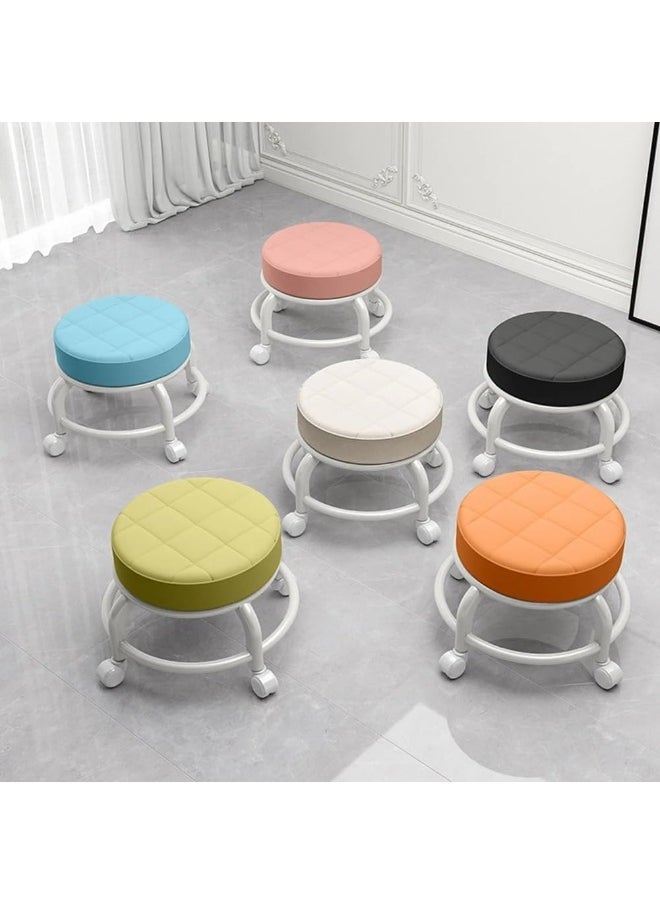 SAFENHAND Rolling Stool Round Pulley Low Stool Household Leather Rolling Stool 360° Universal Wheel Movable Soft Stool Small Changing Shoe Stool