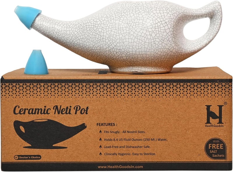 HealthGoodsIn HealthGoodsIn Ceramic Neti Pot with Salt, Dishwasher Friendly, with 2 Detachable Silicone Nozzle Tip, Holds 225 Ml (7.6 Fl Oz) Water - Crackle Pattern Ivory 