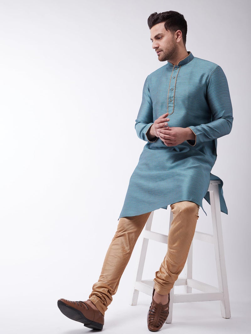VASTRAMAY Men's Aqua Cotton Silk Blend Kurta_VASMK047AQ_40 - Image 5
