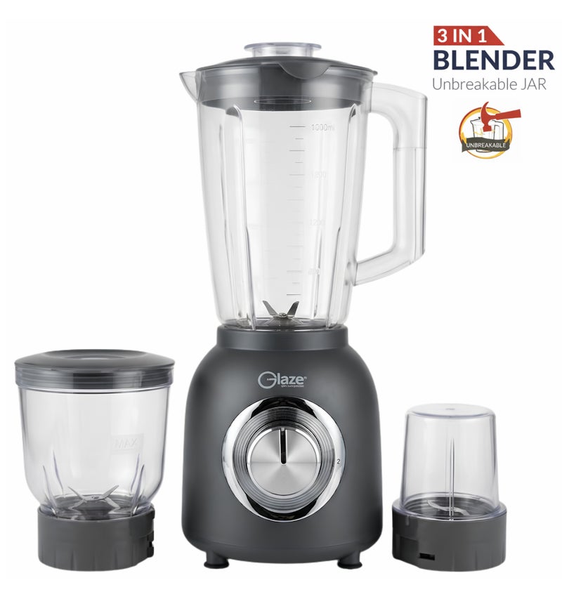 Glaze 3-in-1 Blender & Grinder, 600W Powerful Copper Motor, 1.8L Unbreakable Jar, 2 Speeds with Pulse, Stainless Steel Blades, For Smoothies & Grinding, Grey - GL620BL - Image 1