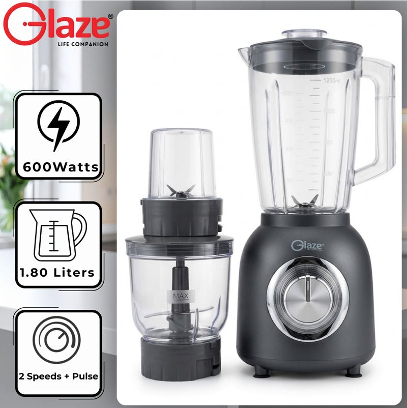 Glaze 3-in-1 Blender & Grinder, 600W Powerful Copper Motor, 1.8L Unbreakable Jar, 2 Speeds with Pulse, Stainless Steel Blades, For Smoothies & Grinding, Grey - GL620BL - Image 5