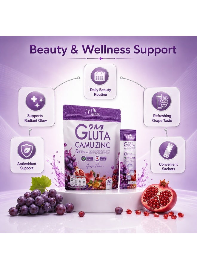 Manee Gluta Camuzinc Glutathione Collagen Drink Sachets With Zinc, Grape Flavour Beauty Supplement - Image 3