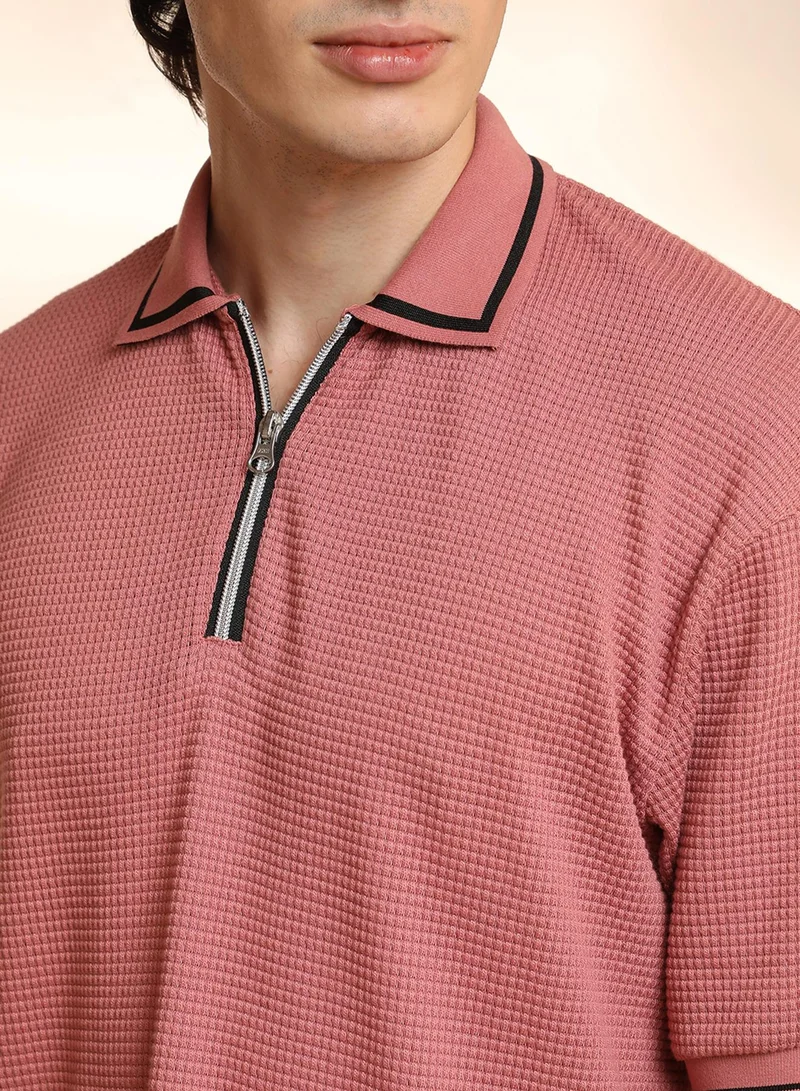 Campus Sutra Men's Salmon Pink Micro-Waffle Polo T-Shirt