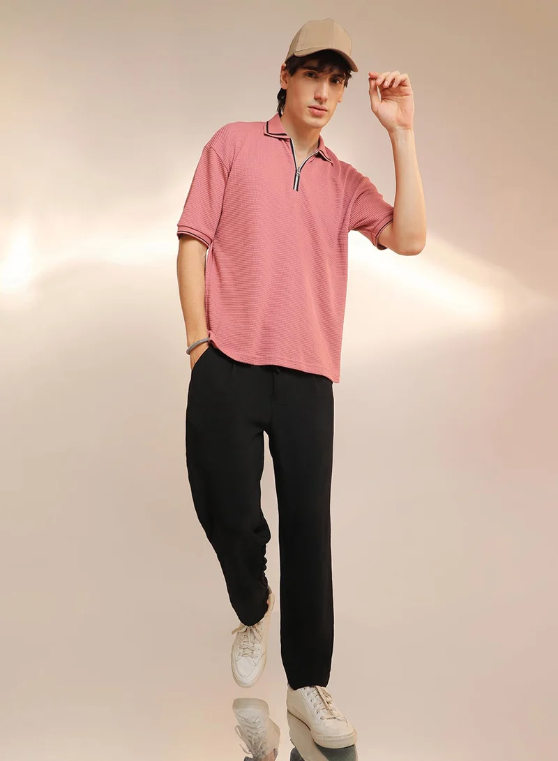 Campus Sutra Men's Salmon Pink Micro-Waffle Polo T-Shirt