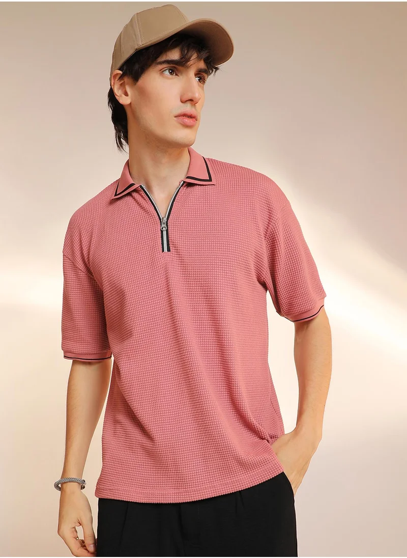 Campus Sutra Men's Salmon Pink Micro-Waffle Polo T-Shirt