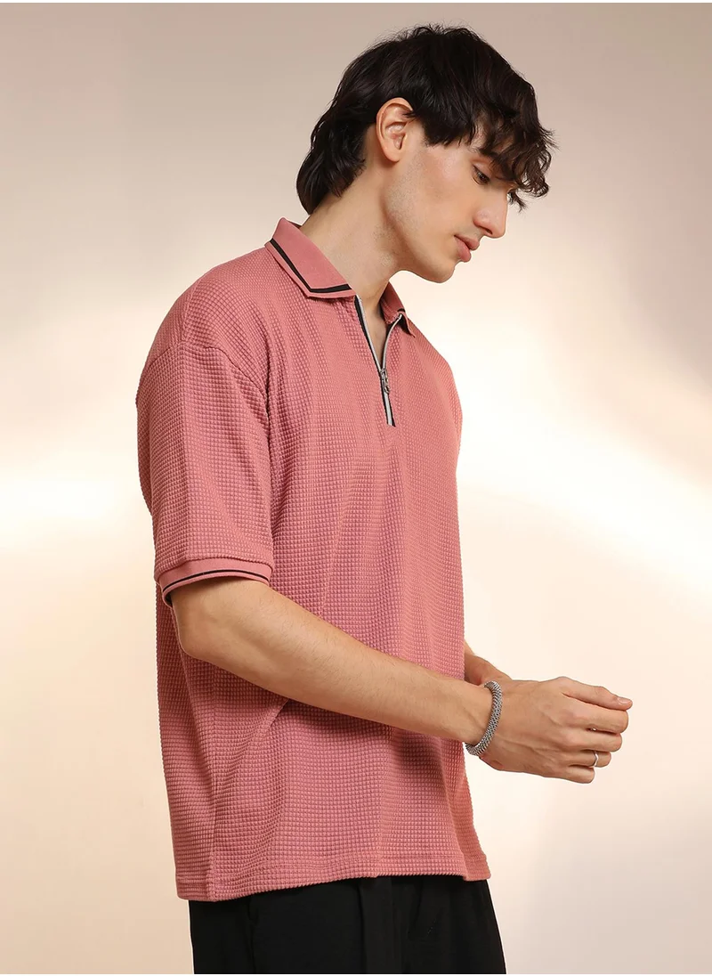 Campus Sutra Men's Salmon Pink Micro-Waffle Polo T-Shirt