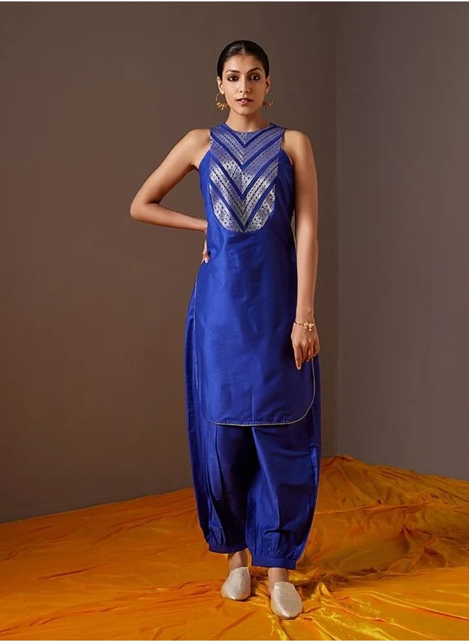 Abhishti Banarasi zari Yoke high-low kurta-Imperial Blue