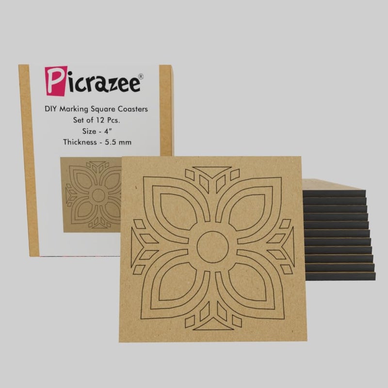 PICRAZEE DIY Engineered Pine MDF Pre-Marked 12 Square Plates Size 4x4 inch Diameter and 5.5 mm Thickness– Ideal for Art and Craft, Resin Art, Decoupage, and DIY Projects - Image 1