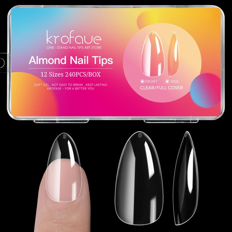 krofaue 240Pcs Short Almond Nails Tips Soft Gel Clear No Crease Preshape Oval Artificial Acrylic False Full Cover Press on Nails for Home DIY Art