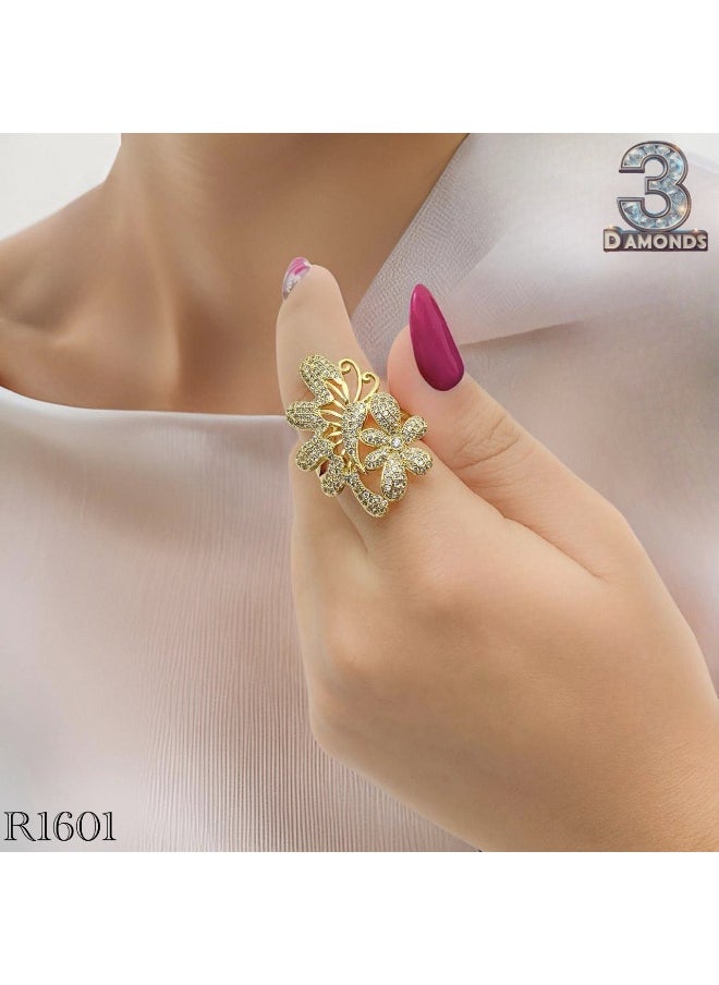 ثري دايموندز خاتم فراشة ووردات مطلي ذهب – تصميم مزدوج راقي ومرصع بزركون لامع  - Image 2