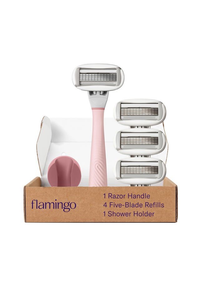 Flamingo Razors for Women, 1 Women's Razor Handle Rose), 4 Razor Five-Blade Refills, and 1 Shower Holder - Image 1